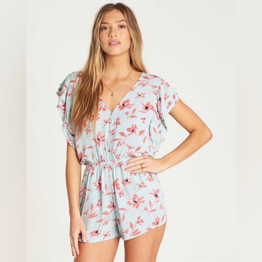 Billabong Light Blue Top with Pink Floral Accents